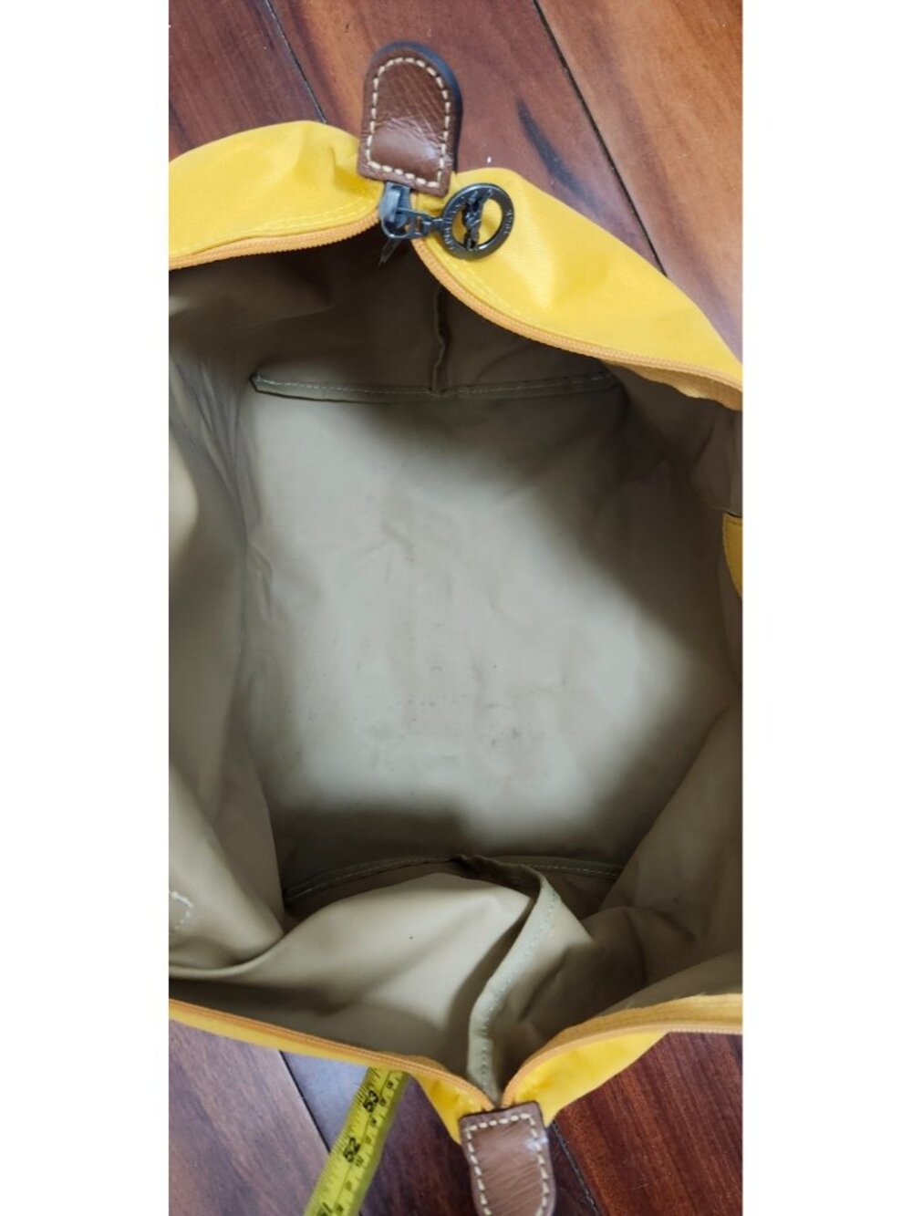 Longchamp Le Pliage Medium Tote Yellow Nylon Leather Handle Foldable Bag Authent - Picture 9 of 14